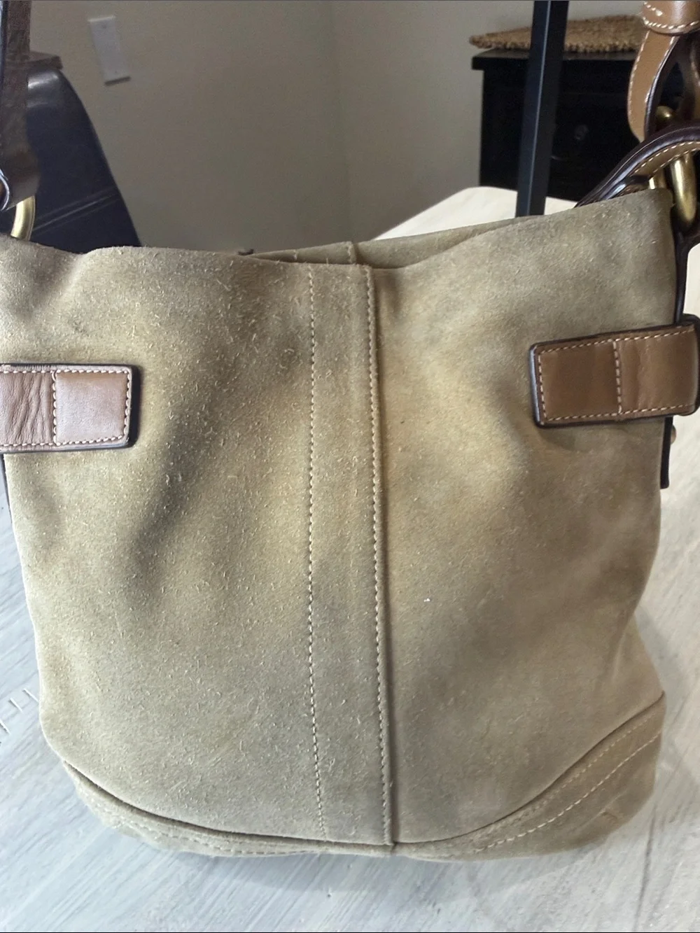 Vintage Y2K CoachTan Suede Bucket Hobo with Brown Leather Trim & Gold Hardware